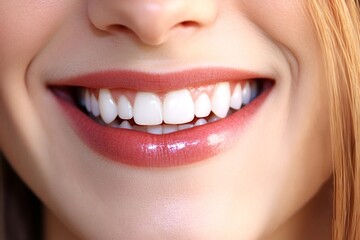 Obraz premium Capturing a close-up of a radiant smile, highlighting healthy white teeth and soft pink lips, embodies the essence of dental hygiene and cosmetic beauty