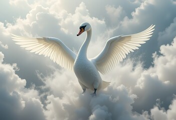 Majestic White Swan Soaring Above Clouds