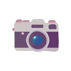 A camera with a blue lens and pink buttons. The camera is purple and white