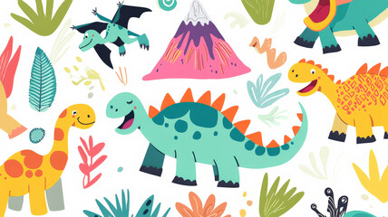 Playful dinosaur-themed wallpaper for kids featuring cartoon dinosaurs and erupting volcanoes in bright, cheerful colors, perfect for creating a fun and adventurous atmosphere in children’s rooms.
