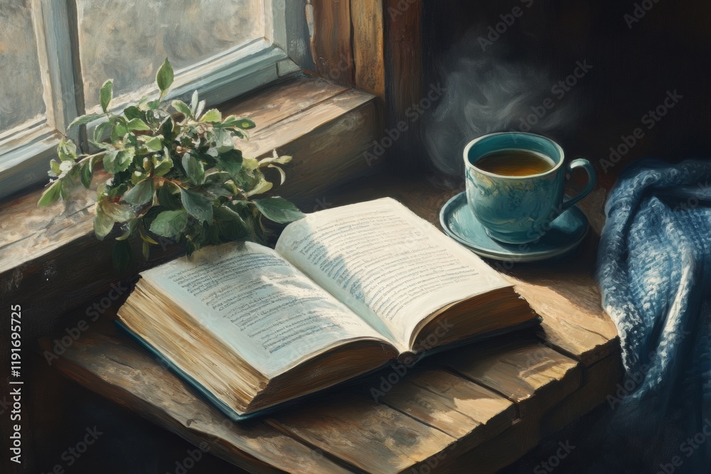 Fototapete cozy reading nook with an open book and tea on a wooden table by a sunny window. generative ai