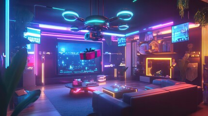 Futuristic living room with drone delivering gift, neon lights, and large screen.