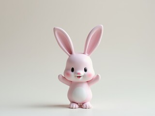 Obraz premium Pink toy rabbit raising paws on pastel background