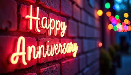 Fototapeta premium Neon sign with words Happy Anniversary illuminating brick wall. Decorative glowing sign for celebration. Festive decoration for anniversary event. Vibrant lights create cheerful atmosphere. Image