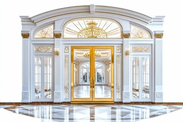 Grand entrance; gold doors, white ornate frame, marble floor.