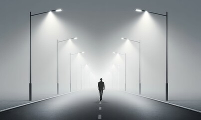 Foggy road, lone figure, illuminated path.