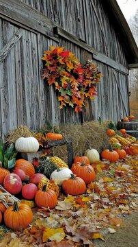 Pumpkins and autumn leaves adorn a rustic barn during fall harvest season in a picturesque rural setting