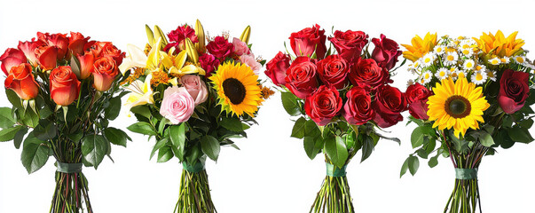 Obraz premium Four vibrant flower bouquets featuring roses, sunflowers, lilies, and daisies