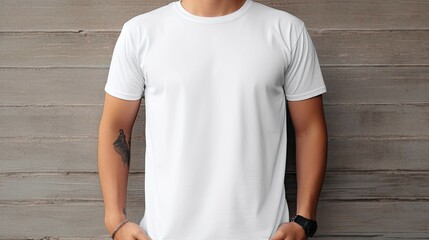 A man is wearing a white shirt and standing in front of a wooden wall