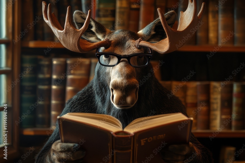 Aufkleber moose wearing reading glasses enjoys a book in a vintage library filled with shelves of old books an