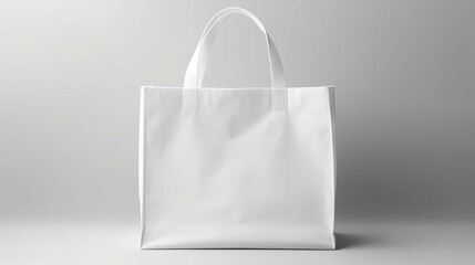 A white bag with a white handle sits on a white background