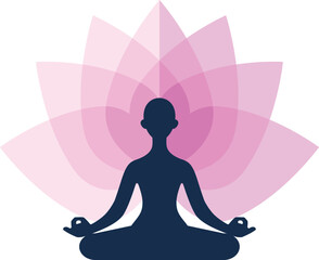 Simple schematic silhouette of a person practicing yoga sitting in a lotus position. Vector flat illustration yoga symbol