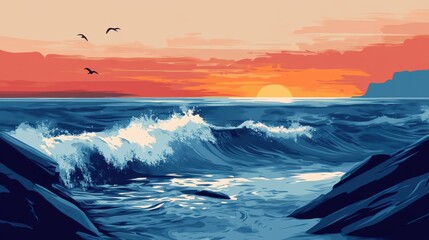 Fototapeta premium Ocean Waves Crashing on Rocky Shores at Sunset