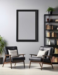 Generated image Black frame mockup with armchairs and bookshelves
