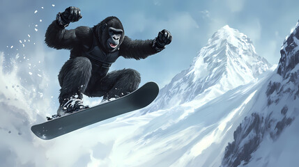 A gorilla in a black ski suit and gloves is snowboarding down a snowy mountain slope, soaring through the air with the mountain peak visible in the background. Skyweave. Illustration