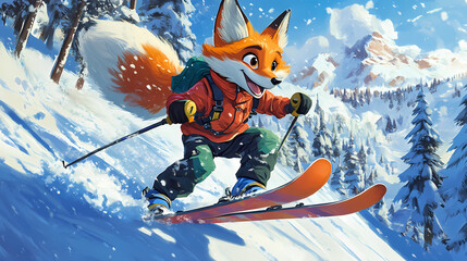 A playful fox skis down a snowy slope, embracing winter's adventure in a vibrant ski outfit. Skyweave. Illustration