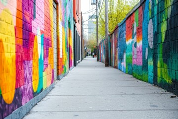 Naklejka premium Colorful graffiti murals line a narrow alleyway.
