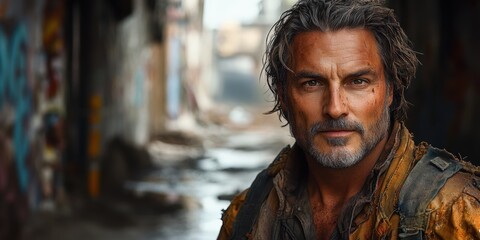 Close-up portrait of a weathered, middle-aged man in a ruined urban setting.