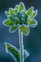 Frost-covered green plant, delicate, winter scene.