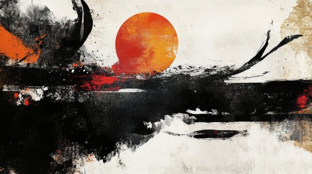 Abstract painting with bold brushstrokes in black, white, orange and red.  A large orange circle dominates the upper right.