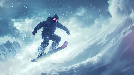 A snowboarder in a ski suit goes down a mountain during a snow storm. generated by artificial intelligence. Skyweave. Illustration
