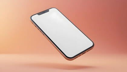 Rose gold smartphone mockup with blank screen, floating on peach background.