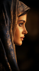Elegant Woman in Traditional Blue Shawl, Side Profile