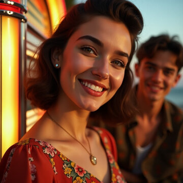 Close-up retrato mujer joven de los a&ntilde;os 60s junto a una gramola y un hombre joven a su lado de fondo