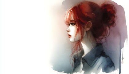 Image of a Redhead girl, watercolor, minimalist, empty space card.