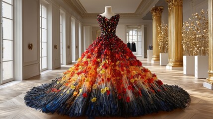 Elegance Comes Alive — A Dior Flower Dress Adorned with Golden Roses & Daisies in a Luxurious Gold Exhibition Hall