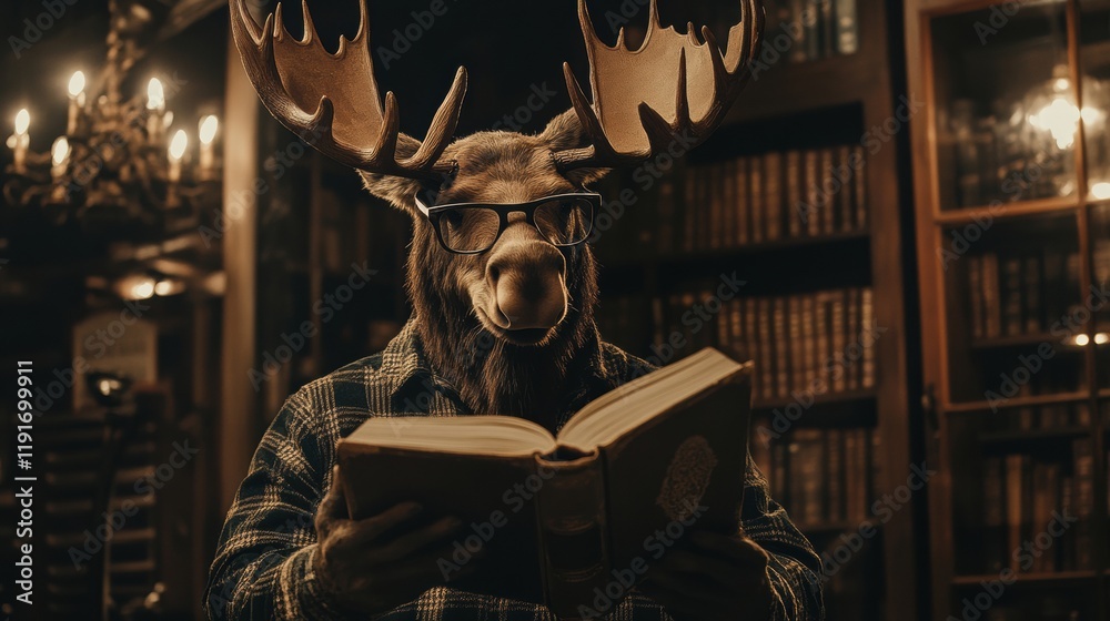 Aufkleber moose wearing reading glasses enjoys a book in a vintage library filled with old books and warm ligh