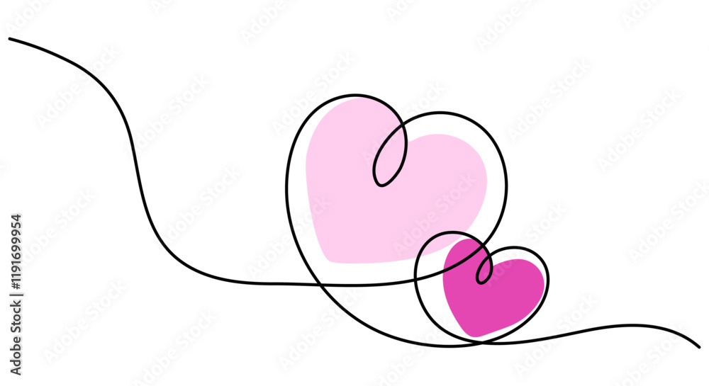 Poster pink heart continuous one line drawing isolated on transparent background. doodle love sign. editabl
