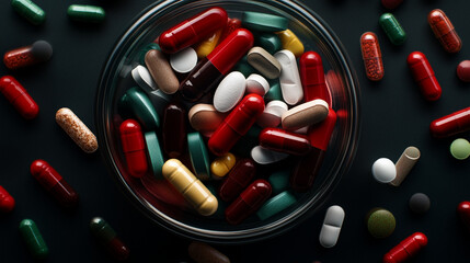 Close-Up of Colorful Pills and Capsules in Glass Bowl