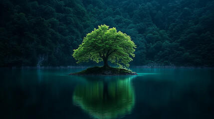 Serene Green Tree on Island in Reflective Lake