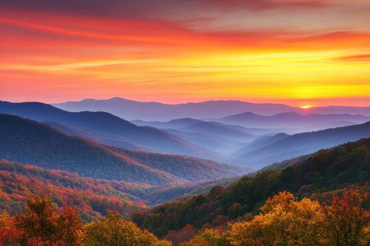 Majestic mountain peaks illuminated by sunrise over rolling hills and vibrant autumn foliage. Generative AI