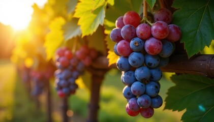 Golden hour sun bathes ripe grapes hanging heavy on vines , landscape, sunlit