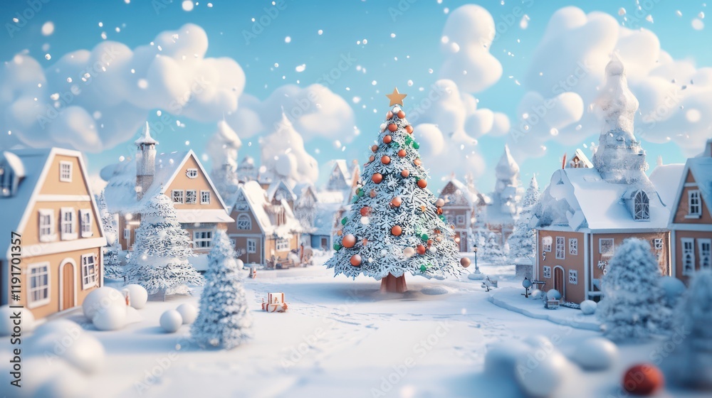 Canvas Prints A simple and easy-to-understand name for the image could beChristmas Tree in a Snowy Winter Village Scene 