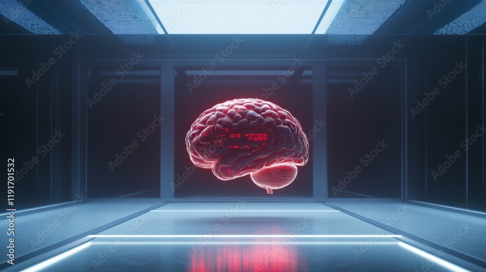 Poster red glowing digital human brain floating in a futuristic laboratory with blue neon lights and a refl