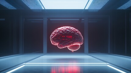 Red glowing digital human brain floating in a futuristic laboratory with blue neon lights and a reflective floor, highlighting themes of neuroscience and artificial intelligence