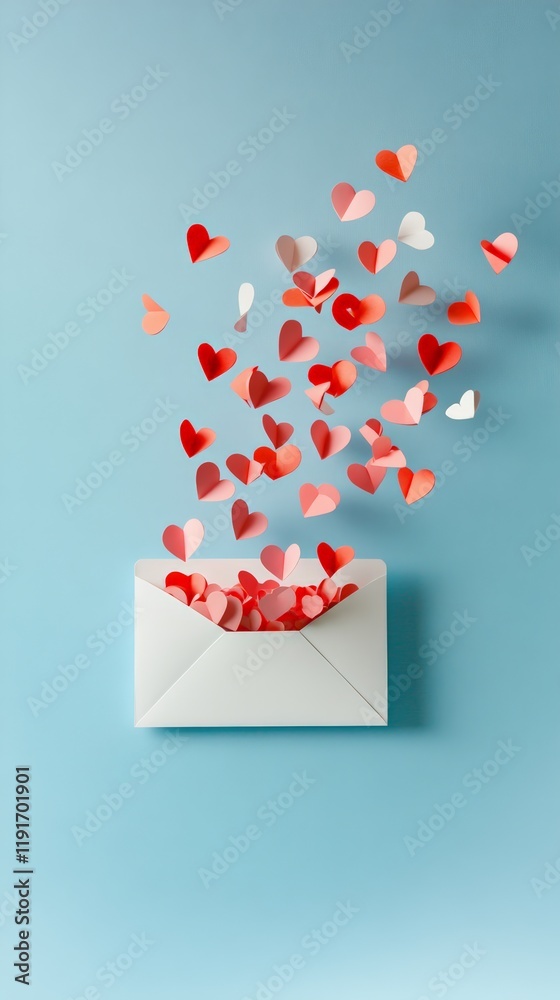 Poster small red and pink paper hearts flying from a slightly open white envelope on a light blue backgroun
