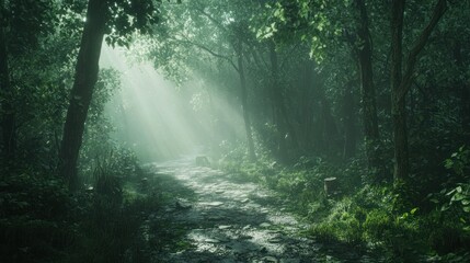 Fototapeta premium Sunbeams illuminate misty forest path.