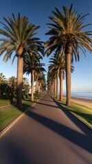 Fototapeta premium Lush palm trees lining a serene beachside path create a tranquil atmosphere in the golden hour light
