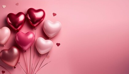 heart shaped balloons for valentine s day in a pink background with empty space for text