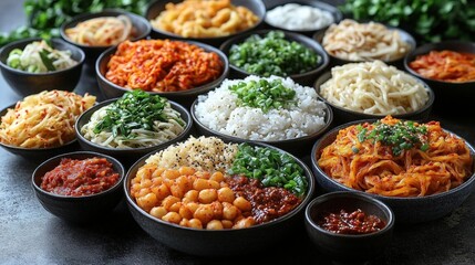 Aromatic and flavorful Asian food dishes served in black bowls, featuring noodles, rice, and various vegetable side dishes, a vibrant and healthy meal
