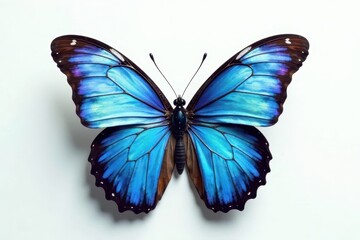 Fototapeta premium Single blue butterfly, iridescent wings against stark white , invertebrate, beautiful