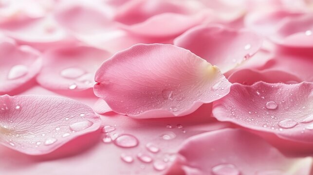 Pink rose petals with dewy drops in dreamy macro shot