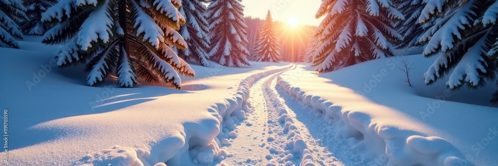 Poster Sunlit snow trail glows softly, pristine winter scene, ambient, unblemished