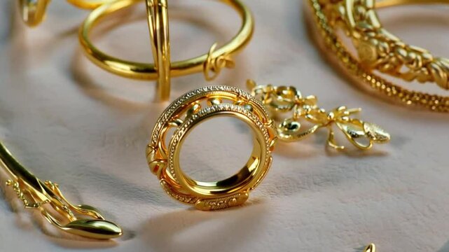 Exquisite gold ring complemented by stunning gold jewelry, showcasing intricate craftsmanship and timeless elegance in a luxurious setting.