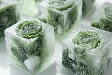Obraz premium Frozen green botanicals in ice cubes.