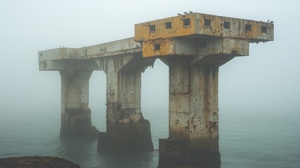 Fototapeta premium Mysterious Foggy Ruin: A Coastal Concrete Structure